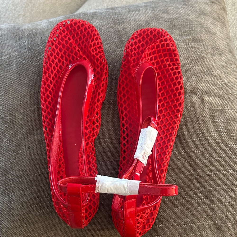 Red Women’s Mesh Ballet Flats with Ankle Strap